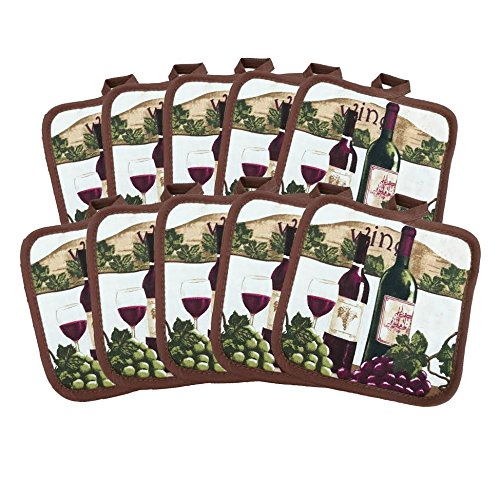 (Ten) 10 Pack Pot Holders 6.5" Square Solid Color Everday Quality Kitchen Cooking Chef Linens (Wine)