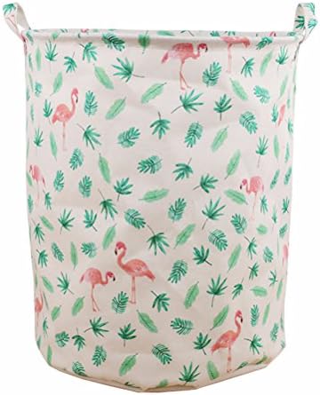 Yiuswoy Large Collapsible Laundry Hamper Cotton Linen Washing Bin Waterproof Round Storage Basket for Kids Toys - Flamingo