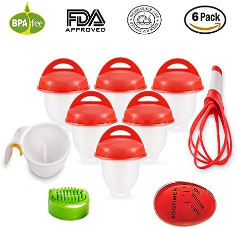 As Seen on TV Egg Cooker Set - 6 Pack, Non Stick Silicon Egg Boiler, Hard Boiled Eggs With No Shell | Includes 4 FREE Complimentary Items: 1 Egg Timer, 1 Egg Separator, 1 Egg Whisk and 1 Egg Slicer
