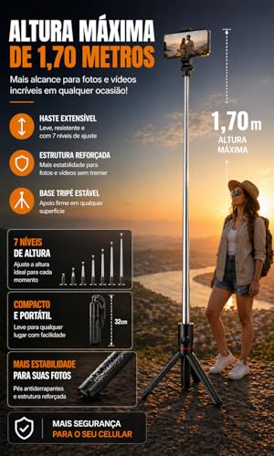 Tripé para Celular 1,70m com Altura Ajustável, Bastão de Selfie 3 em 1 com Controle Bluetooth, Rotação 360°, Portátil para Vídeos, Fotos e Lives, iPhone e Android