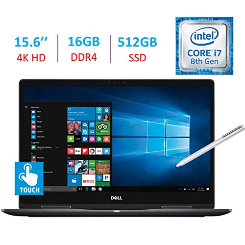 Dell 15.6-Inch 2-in-1 4K Ultra HD (3840 x 2160) Touch Laptop PC, Intel i7-8550U Processor, 16GB DDR4, 512GB SSD, NVIDIA GeForce MX130, Backlit Keyboard, Stylus Pen, Bluetooth, HDMI, Windows 10