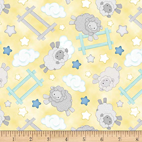Henry Glass Flannel Sleepy Bear Jumping Sheep Yellow Fabric by The Yard