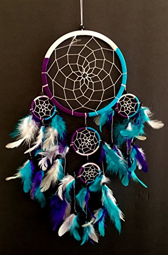 OMA Dream Catcher - Hand Crafted Traditional Tie Dye Colors Turquoise, Purple & White Feathers - Large Size - 9" Diameter & 30" Long