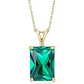 Gem Stone King 18K Yellow Gold Plated Silver Emerald Cut Gemstone Birthstone and Round Accent White Diamond Pendant Necklace for Women | 14X10MM Emerald Cut and 1.5MM Round | With 18 Inch Silver Chain