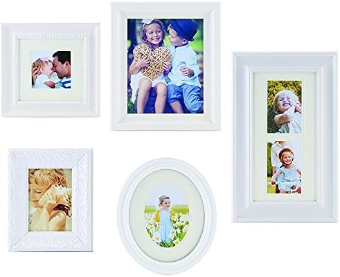 GALLERY PERFECT 5 Piece White Photo Frame Wall Gallery Kit #15FP1293. Includes: Frames, Wall Template, Decorative Art Prints and Hanging Hardware