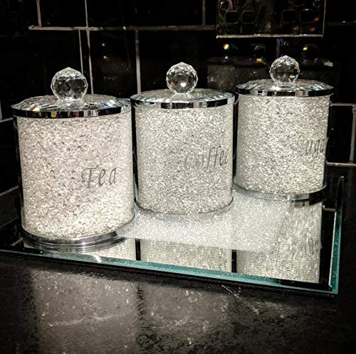 Tea Coffee Sugar Canister JAR Storage 5 Colours Trimmings Diamond Crystal Filled (White)