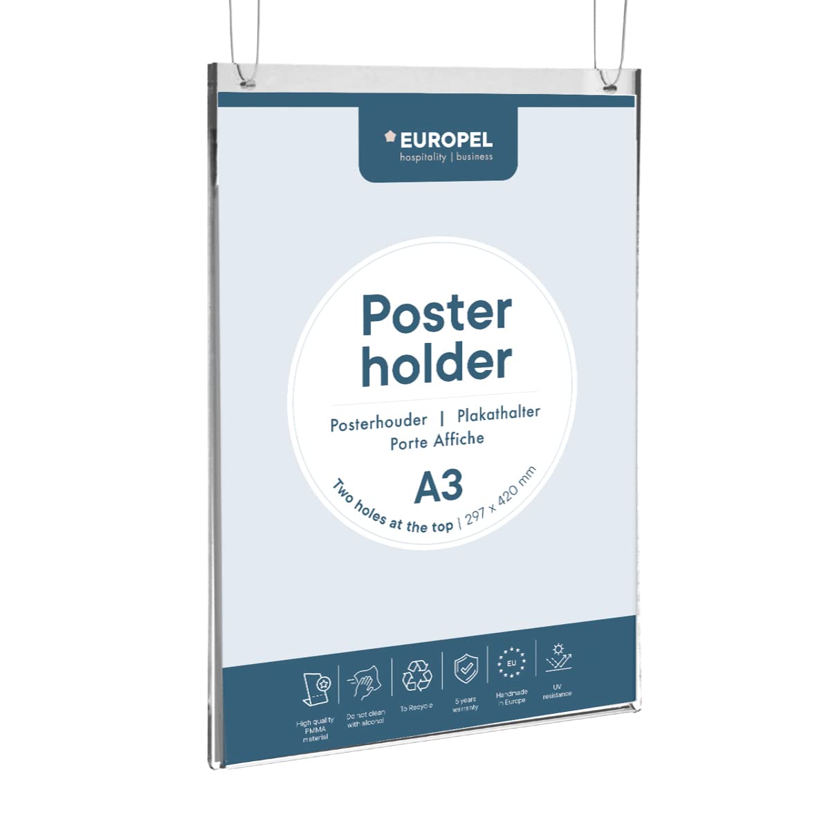 EUROPEL Poster Holder, Hanging, A3, Crystal Clear Acrylic, Portrait, for Office, Congres, Fair
