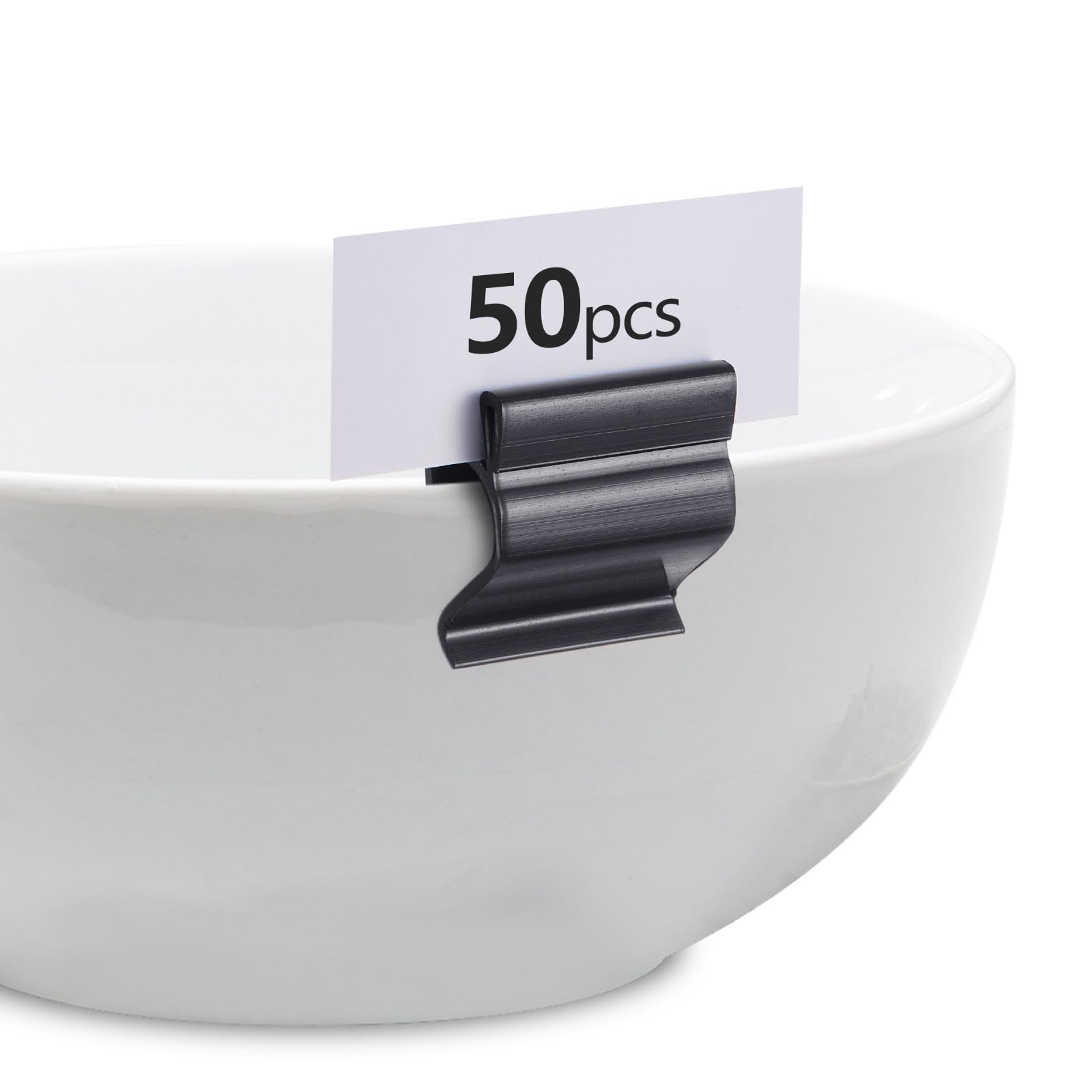 Photo 1 of Teenyyou 50 Pcs Black Sign Clip Food Tray Label Holder Plastic Buffet Food Label Clip Reusable Price Tag Tray Sign Holder for Bake Sale Gathering Retail Merchandise Display, Card and Bowl Not Included