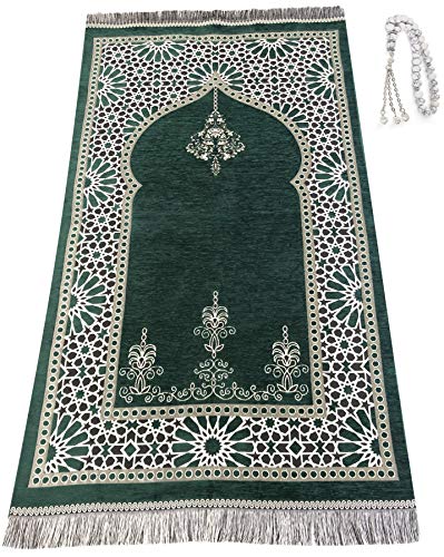 Prayer Rug Muslim Mat Islamic - Turkish Oriental Style Prayer Rug Sajadah for Kids Men Women with Islam Prayer Beads for Eid Travel Ramadan, Soft and Luxury (Green Oriental)