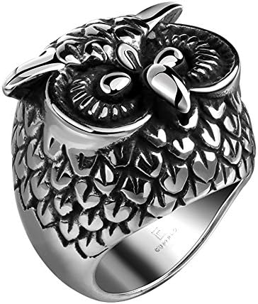 Gothic Mens Womens Vintage Owl Biker Ring, 316L Stainless Steel Solid Size 10