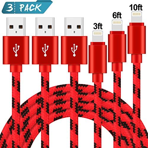 AZION Lightning Cable 3Pack 3FT 6FT 10FT Nylon Braided Certified iPhone Cable USB Cord Charging Charger for iPhone X 8 7 Plus 6S 6 SE 5S 5C 5, iPad 2 3 4 Mini Air Pro, iPod Nano 7 Black Red