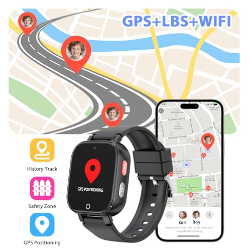 4G Children's Smartwatch with Video Call, GPS, SOS, Voice Chat, IP68 Waterproof, School Mode, Pedometer, Alarm Clock, Educational Games, Children's Watch Gift for Boys and Girls 4-12 Years (Black-8A)