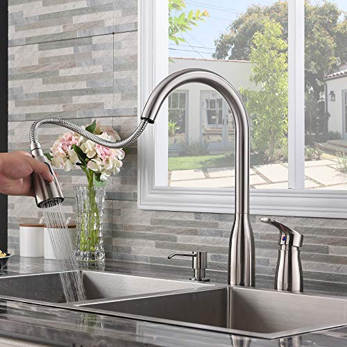 Hotis 3 Hole Pull Out Prep Sprayer Stainless Steel Single Handle Pull Down Kitchen Faucet, Brushed Nickel Kitchen Sink Faucet with Soap Dispenser - Thumbnail 5
