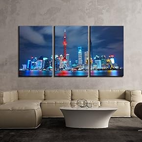 Night Skyline of Downtown Shanghai x3 Panels