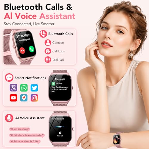 CASCHO Women's Smartwatch 1.85 Inch HD Smartwatch with Bluetooth Calls and AI Voice Assistant, 120+ Sports with Pedometer/Sleep/Heart Rate Monitor, Smart Watch for iOS Android, 2 Straps