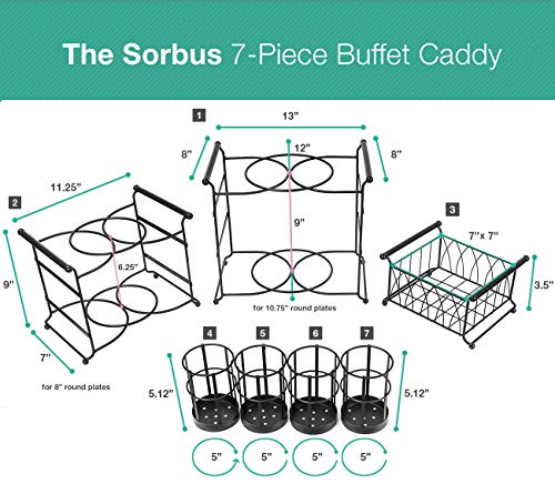 Sorbus® Buffet Caddy — 7-Piece Stackable Set Includes Plate, Napkin, and Silverware Holder, 3-Tier Detachable Tabletop Organizer — Ideal for Kitchen, Dining, Entertaining, Parties,Thanksgiving (Black)