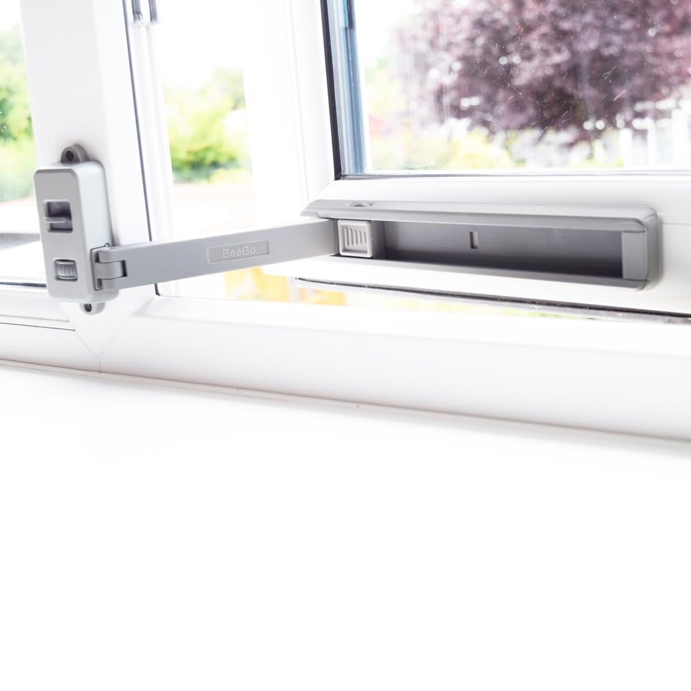 BeeGo® Window Restrictor for UPVC Windows – Child Proofing & Cat Window Guard | Self-Adhesive No-Drill Window Lock | No Tools Required (Grey)