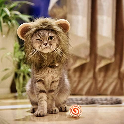 Mewtogo 猫用帽子 ペット用帽子 犬用帽子 猫かぶりもの ライオンに大変身 ライオンたてがみ 調節可能 着脱簡単 コスプレキャップ 犬用コスチューム 犬猫用コスプレ マジックテープ付き 耳付き ボールが付き 犬猫用服 アクセサリー おしゃれ 可愛い 犬猫兼用 ペット用 L Ball