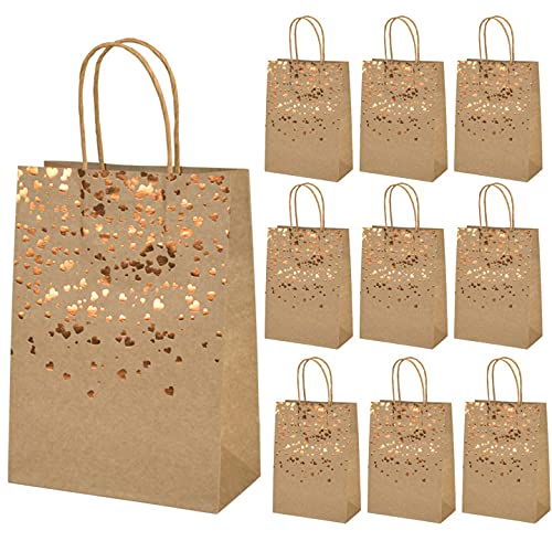 10 Pieces Bronzing Kraft Paper Bags Lunch Bags Paper Party Bags Party Favor Bags Flat Bottom Bags Grocery Bags with Handle for Party Celebrations, Birthday, Wedding, Gift Bags(Rose Gold hearts）