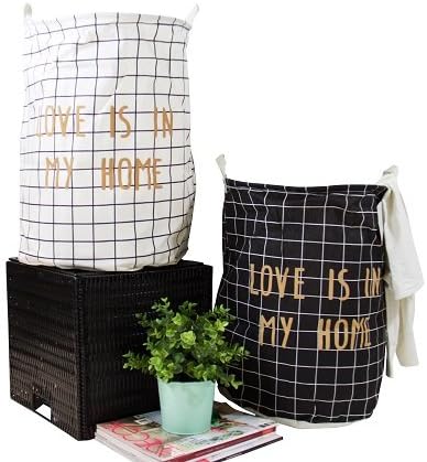 G Home Collection Gold Letter Grid Pattern Fabric Laundry Basket White and Black (Set of 2)