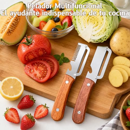 Pelador Multifuncional de Verduras 2026 Upgrade con Mango de Madera, Cuchillo Pelador de Acero Inoxidable 3 en 1, Rallador de Cebolla y Abridor de Botellas, para Cocina, Camping y BBQ (2pcs)