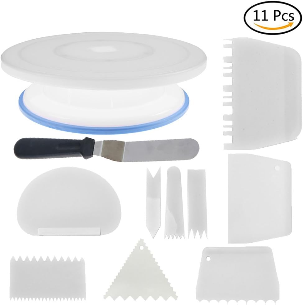 WANTING 11” Rotating Turntable Cake Stand No-Slip Rubber Base & 9 PCS Icing Smoother & Icing Spatula Decorating Tool Baking Tools Set Cake Decoration