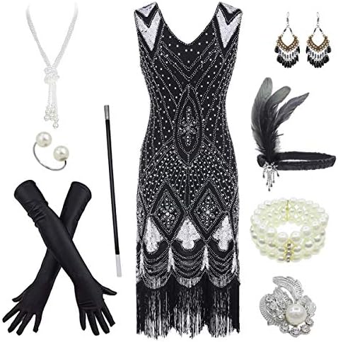 Women's 1920s Gatsby Inspired Sequin Beads Long Fringe Flapper Dress w/Accessories Set