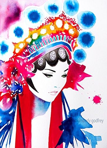 Korean Headdress Fashion Illustration Art Print Watercolor Painting Asian Salon Decor Interior Design Red Teal Colors