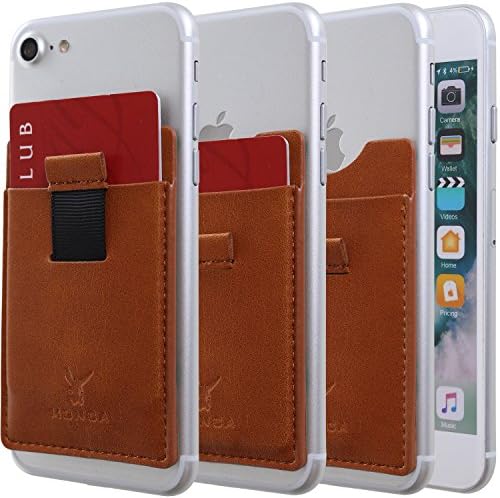 Monca Slide Up Wallet for Back of Phone Stick On Credit Card Holder for Cell Phone Pocket Leather (Light Brown)