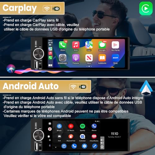 Junsun Autoradio 1 DIN Écran Tactile 6,36" avec CarPlay & Android Auto, Bluetooth, GPS, FM, Charge Type-C, 2 USB, Microphone, Égaliseur, Commandes au Volant