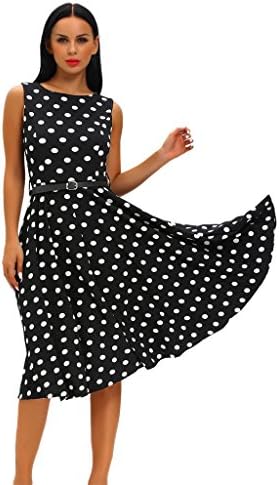 ABERRY Women Stylish 50's Retro Black White Dot Polka Swing Dress,S