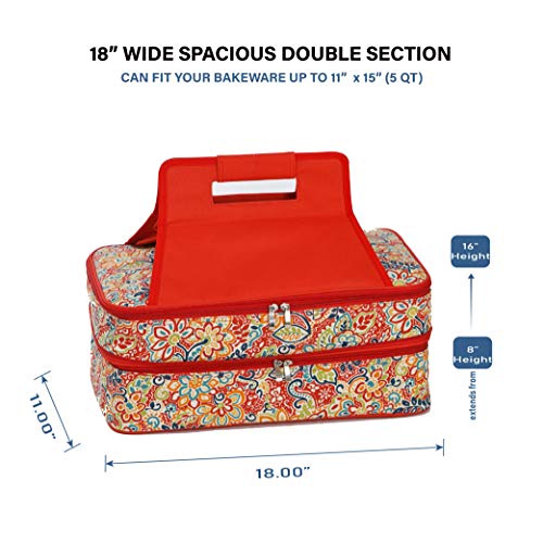 Picnic Plus 18" Casserole Carrier 2 Level Thermal Insulated Hot and Cold Food Carrier Double Layer Food Carrier Bag Potluck Carrier With Bonus Containers (Sunlight Bloom)