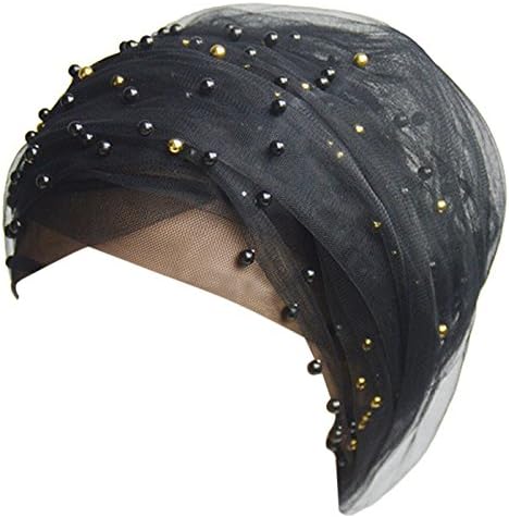 MTFS Women's Gauze Pleated Bead Muslim Turban Hat Chemo Cap Hair Loss Color Head Wrap (Black ##)