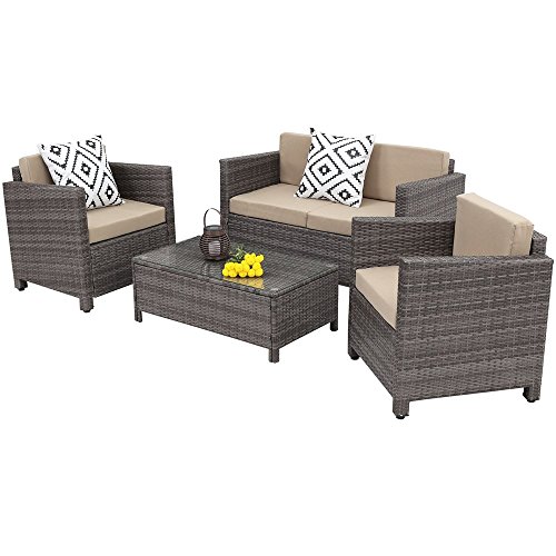 Outdoor Patio Furniture Set,Wisteria Lane 4 Piece Rattan Wicker Sofa Cushioned with Coffee Table ...