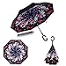 Double Layer Wind Proof,UV Proof Reverse Folding Inverted Umbrella Travel Umbrella with C Shape Handle and Carrying Bag-Beauty-Flower