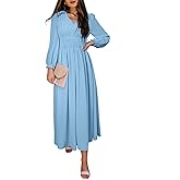 BLENCOT Womens Casual Long Sleeve Tiered V Neck Dress Pleat Ruched Ruffled Dress Solid Color Flowy Swing Midi Long Dresses
