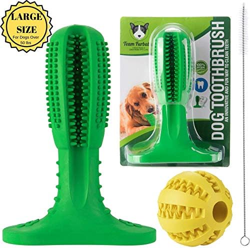 Team Furbabies Premium Dog Toothbrush Toy – Large Green Tooth Brush Cleaning Toy for Big Dogs (Over 50 lbs) with Yellow Treat Ball & Small Brush – Perfect Doggie Rubber Chew Toy