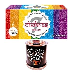 Aromafume 7 Chakra Incense Bricks Starter Kit & Gift Set | Pack of 14 Bricks (2 each – Crown, 3rd Eye, Heart, Throat, Solar Plexus, Sacral & Root) & Tree of Life Exotic Incense Burner