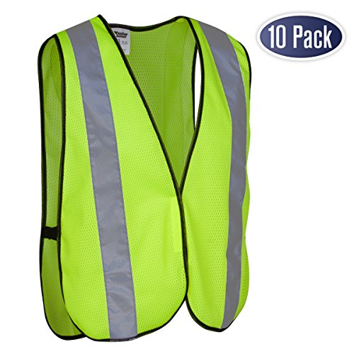Safety Vest with High Visibility - 2 Inch Reflective Strips, Bright Neon Yellow, Breathable Polyester Mesh Fabric, ANSI ISEA Class Unrated, Hi Viz All Day and Night (10 Pack - Small-Large)