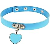 AKOAK Fashion Cool Rock Style Steampunk Punk Goth Heart-Shape Pendant Link PU Leather Collar Choker Necklace(Light Blue)