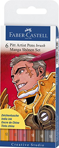 Faber-Castel PITT Artist Manga Brush Pens, Assorted Colors, 6-Pack
