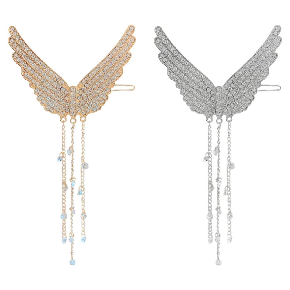 FRCOLOR 2pcs Angel Wings Hair Clip Vintage Crystal Barrette with Tassel Decorative Hairpins Hair Accessory for Wedding Party (Golden Silver)