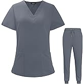 VIAOLI Scrubs for Women Set V-Neck Pocket Top & Drawstring Jogger Scrub Pants Stretch Nursing Scrubs Set Uniform
