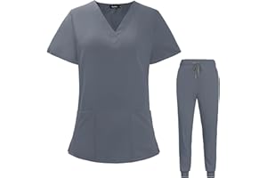 VIAOLI Scrubs for Women Set V-Neck Pocket Top & Drawstring Jogger Scrub Pants Stretch Nursing Scrubs Set Uniform