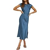 Women's Summer Satin Elegance Backless Twist Cap Sleeves Midi Dress 2025 Sexy Cowl Neck Slit Cocktail Wedding Guest Dresses