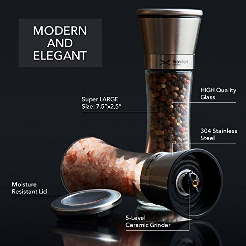 Salt and Pepper Grinder Set - Mill and Shakers Kit - Brushed Stainless Steel, Tall Premium Glass and Adjustable Ceramic Grinding System for Cooking Spices - Perfect on Kitchen