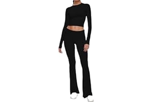 Aryapyper Womens 2 Piece Lounge Sets Long Sleeve Cropped Top Fold-over Flare Pant Set Casual Comfort Outfits Pajamas