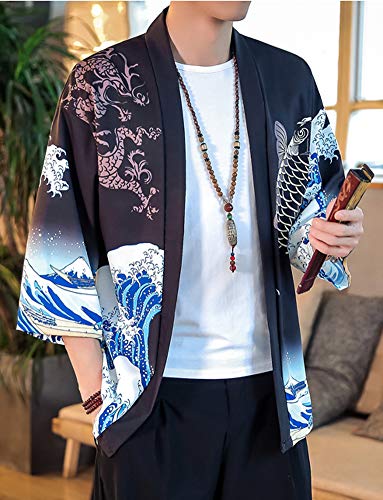 Men's Japanese Harajuku Fish Printed Kimono Cardigan Jackets Streetwear (Fish Black, Large)