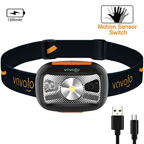 VAVOFO LED Headlamp Rechargeable USB Flashlight, Running Camping Reading Head Lamp Headlight Headlamps with Redlight and Motion Sensor for Adults and Kids, Lightweight, Waterproof, Adjustable Headband
