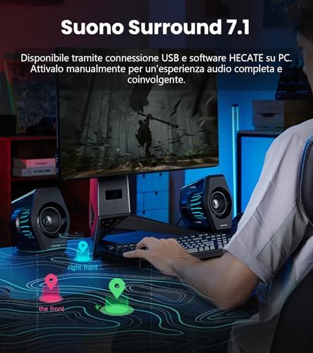G2000 Pro Casse Gaming 2.0 RGB da 32W RMS / 64W Picco, Sincronizzazione Luci TempoFlow™ a 270°, Suono Surround Virtuale 7.1 - Bluetooth 5.4 / USB-C/AUX per PC, PS5 (Nero)